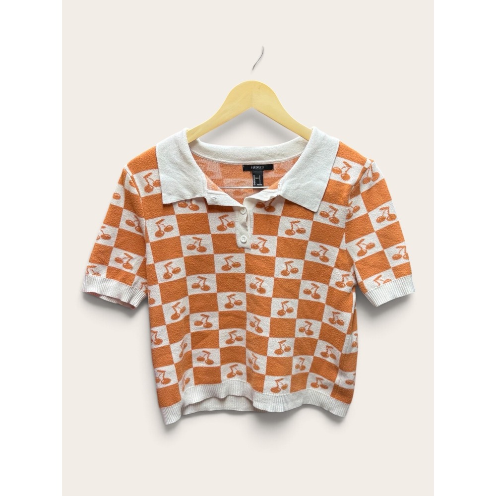 Forever 21 Orange Checkered Cherry Knit Polo Shirt Small Retro Short Sleeve Top